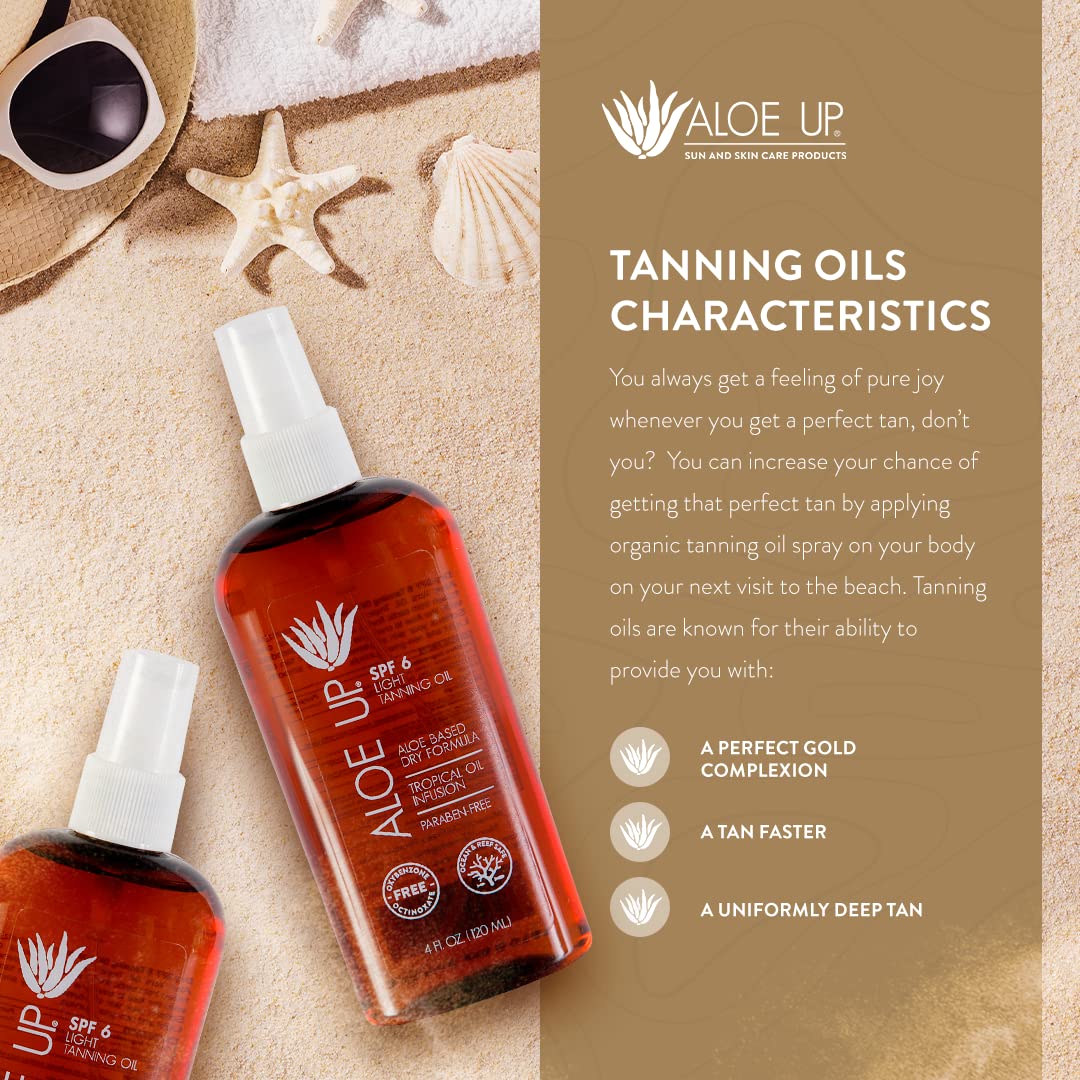 Aloe Up Light Tanning Oil With SPF 6 Sunscreen - Body and Face Tanning for Outdoor Sun - With Pure Aloe Vera Oil and Natural Oils - Absorbs Quickly Beauty & Personal Care ALOE UP
