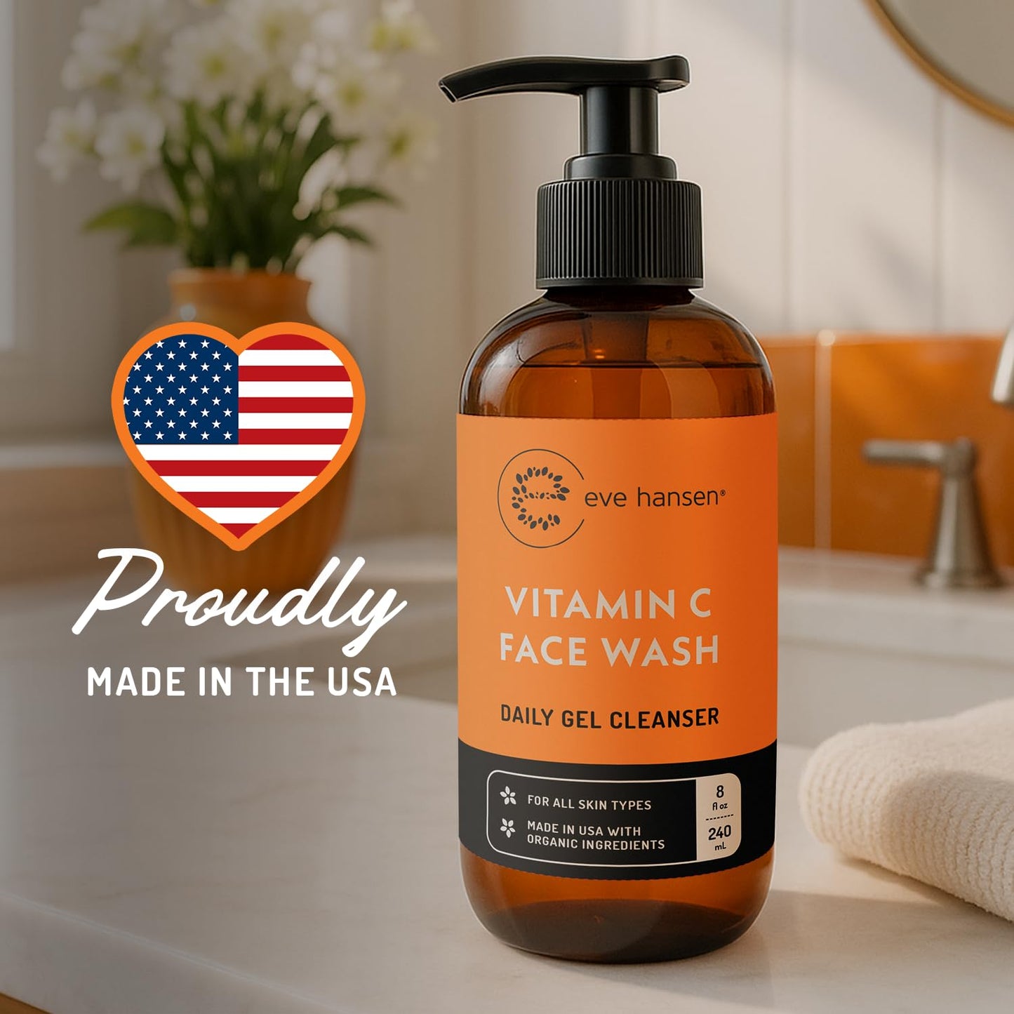 Vitamin C Cleanser Face Wash - HUGE 8 oz Gentle Facial Cleansing Gel for Uneven Skin Tone, Age Spots and Fine Lines - Natural Face Soap with Aloe Beauty & Personal Care Eve Hansen