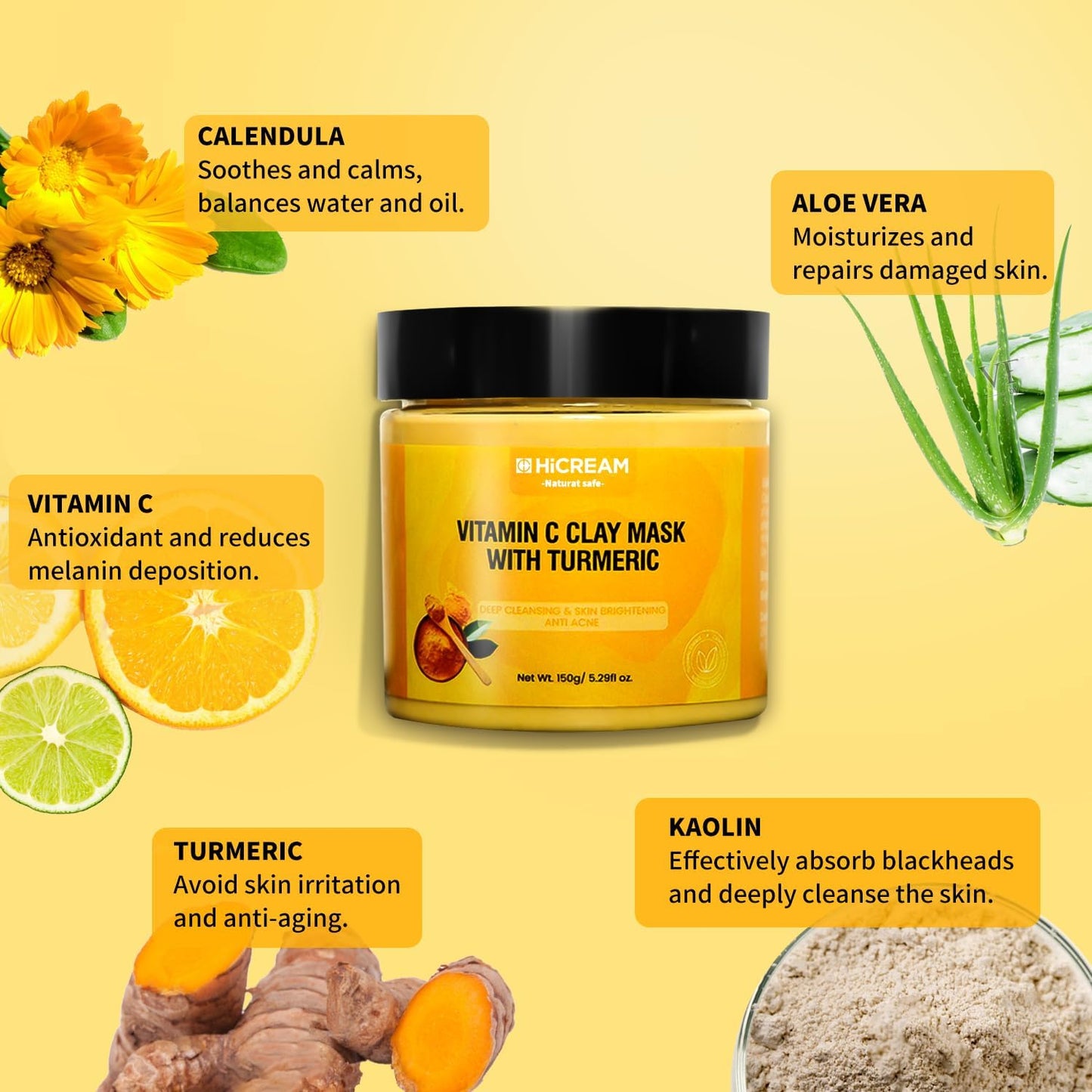 Hicream Turmeric Vitamin C Clay Mask with Kaolin Clay and Turmeric for Dark Spots, Dull Skin, Skincare Facial Mask for Controlling Oil and Refining Beauty & Personal Care Hicream