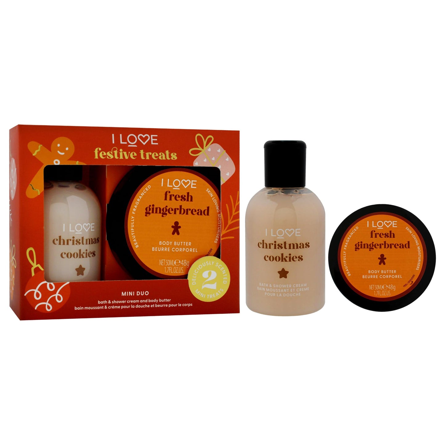I Love Miniature Festive Treat Box by I Love Cosmetics for Unisex - 2 Pc 3.3oz Christmas Cookie Bath and Shower Creme, 1.7oz Gingerbread Body Butter Beauty and Personal Care I LOVE