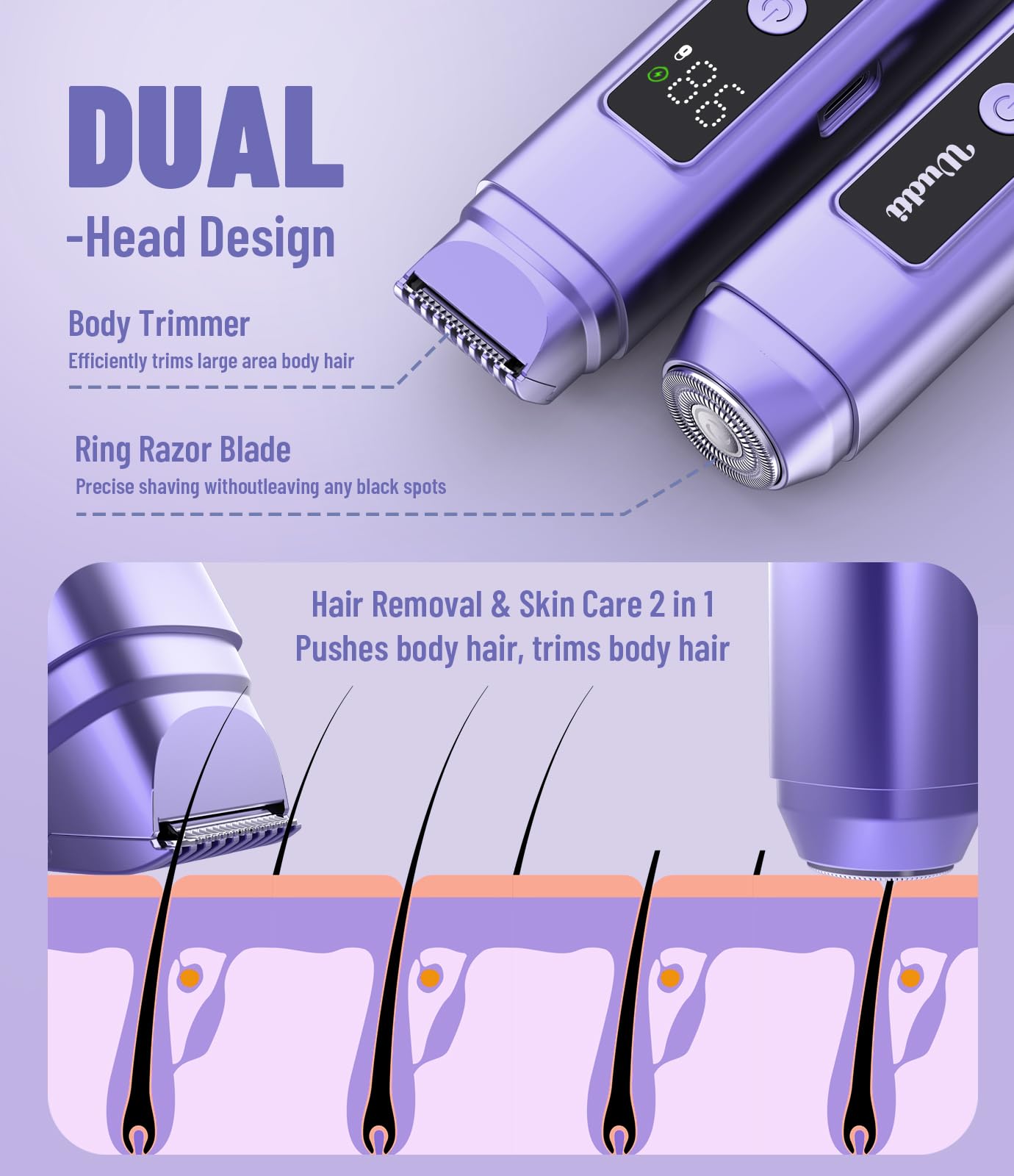 Dynooper Electric Bikini Trimmer for Women: IPX7 Waterproof Dual Head Cordless Electric Shaver for Women with LED Display & 0.5mm Ceramic Blades Beauty and Personal Care Dynooper