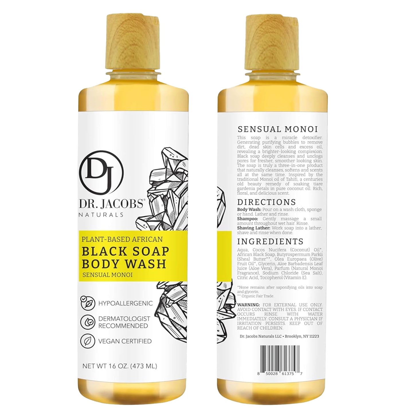 Dr Jacobs Naturals Authentic African Black Liquid Soap with Sensual Monoi Scent | All-In-One Face Wash, Sensitive Skin Body Wash, Shampoo, Shaving Beauty & Personal Care DR.JACOBS NATURALS