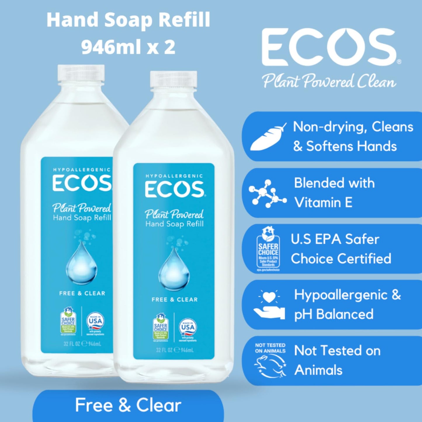 ECOS Supercharged Squeaky Clean: Free & Clear Refill Hand Soap (2 Pack) | Emphasizes both cleaning power friendliness Beauty & Personal Care ECOS