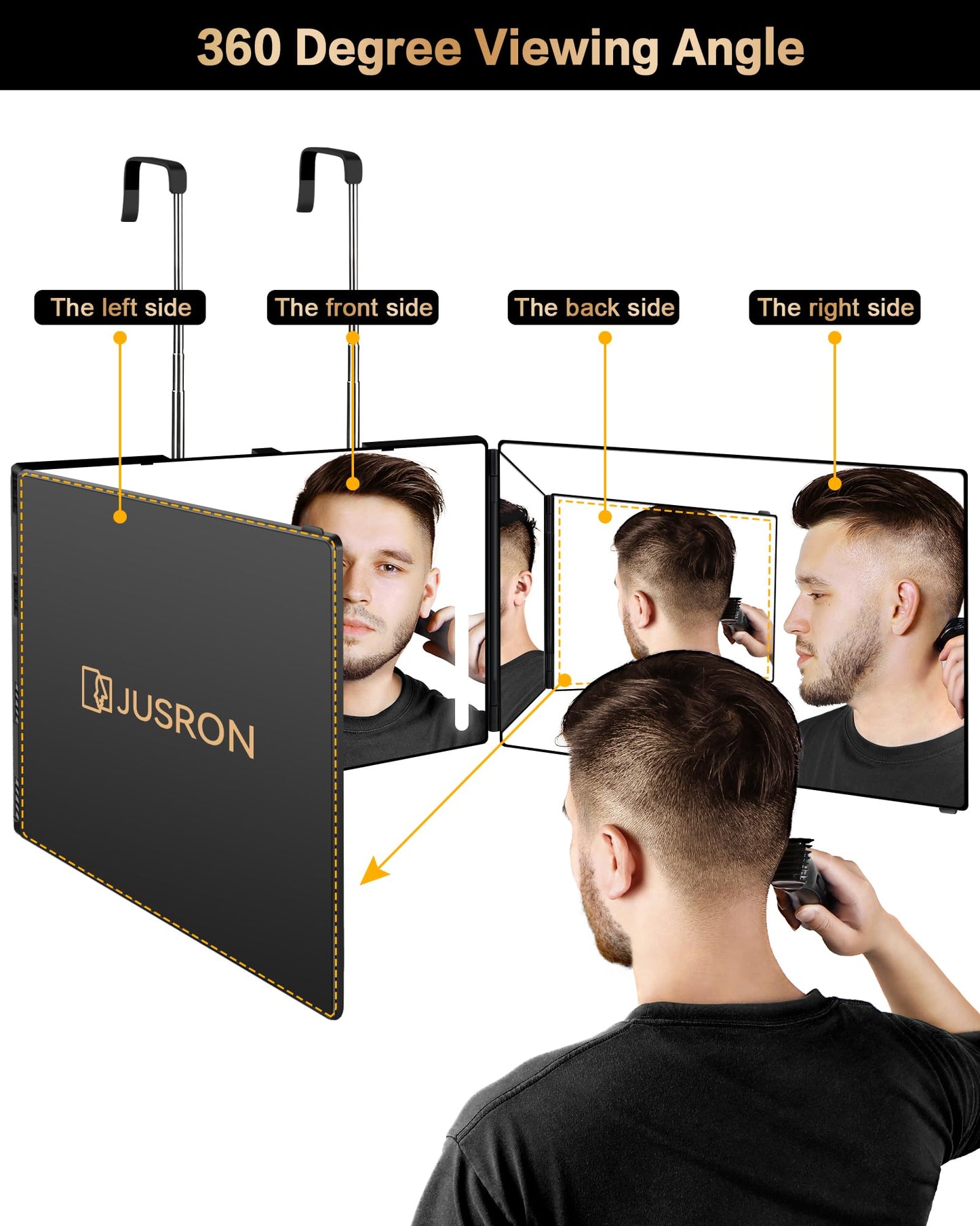 JUSRON 360 Viewing Angle Self Hair Cutting Mirror, Clear Anti-Fog HD Glass, USB Rechargeable, Easy to Use, Height Adjustable, Portable, Good Choice Beauty and Personal Care JUSRON