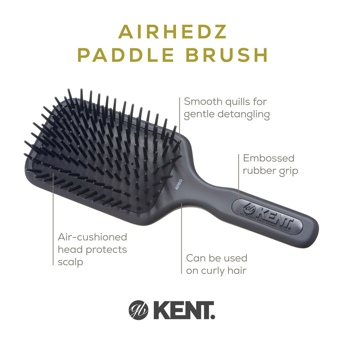 Kent AH6G Airhedz Cushion Paddle Brush - Scalp Massager and Detangler Brush - The Hair Brush for Thick Hair - Scalp Massager and Growth Stimulator -