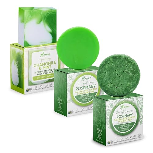 Solid Rice Protein Shampoo, Conditioner and Body Wash Bundle | Shampoo, Conditioner & Wash Bars For Hair and Body w/All Natural Essential Oils & Zero Beauty & Personal Care BAMBOEARTH