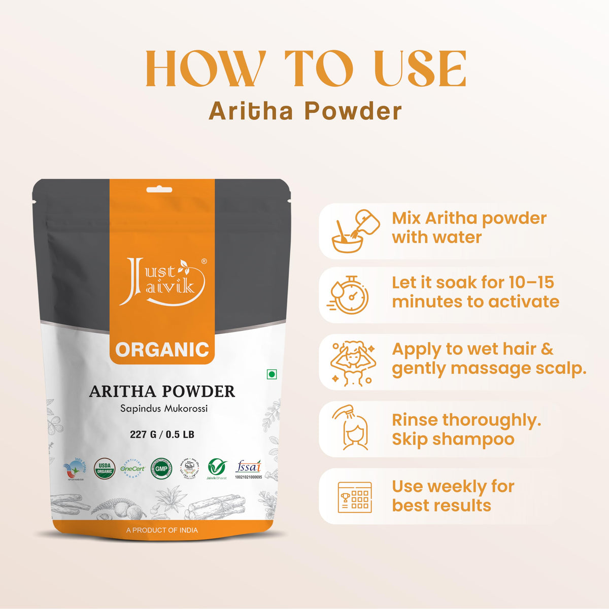 100% Organic Certified Aritha Powder (Soap Nut Powder) 227g /0.5 LB/ 08oz - Organic Hair Cleansing and Conditioning Product Beauty & Personal Care Just Jaivik