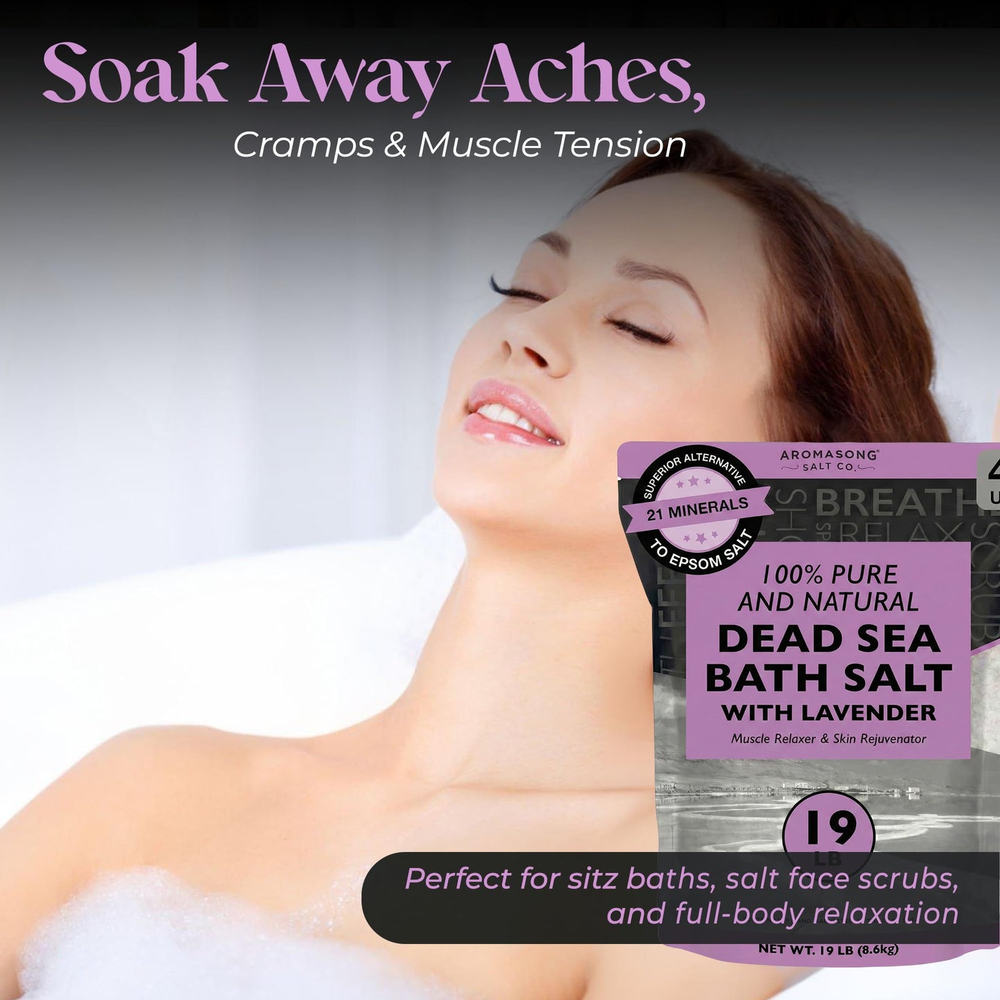 Aromasong Pure Dead Sea Salt for Soaking with 100% Natural Lavender, 19 LB - Spa Bath Salt Fine Grain - Body Wash Scrub - Soak for Women & Men- Bulk Beauty & Personal Care Aromasong