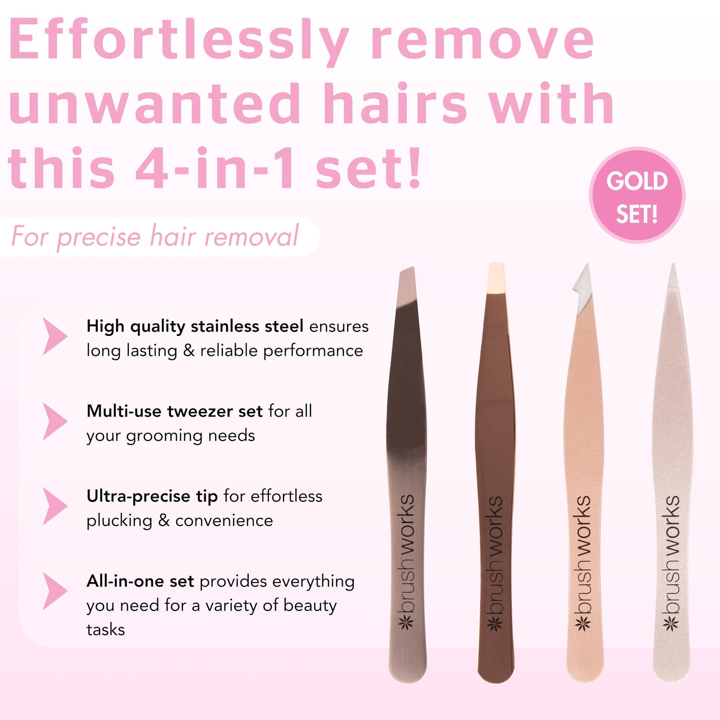 Brushworks HD 4 Piece Combination Tweezer Set - Gold Beauty and Personal Care Brushworks