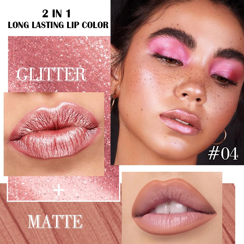 Rose Gold Metallic Lip Liner and Lipstick Combo Lip Gloss Tints Stain Set Makeup for Women Long Lasting Waterproof 24, Light Pink Metallic Glitter Beauty and Personal Care evpct