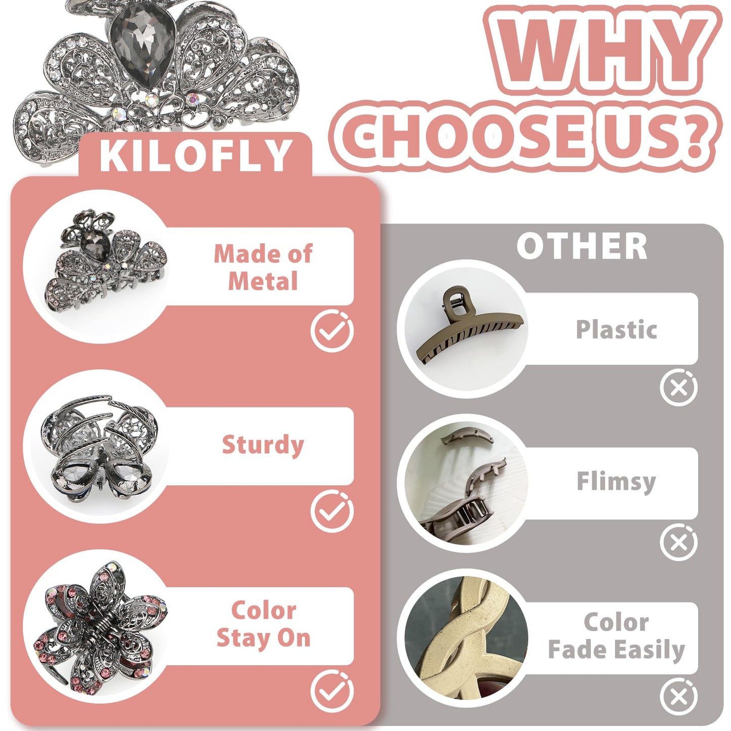 kilofly 3pc Vintage Crystal Hair Claw Clips Long Thick Hair Metal Clamps Beauty & Personal Care kilofly