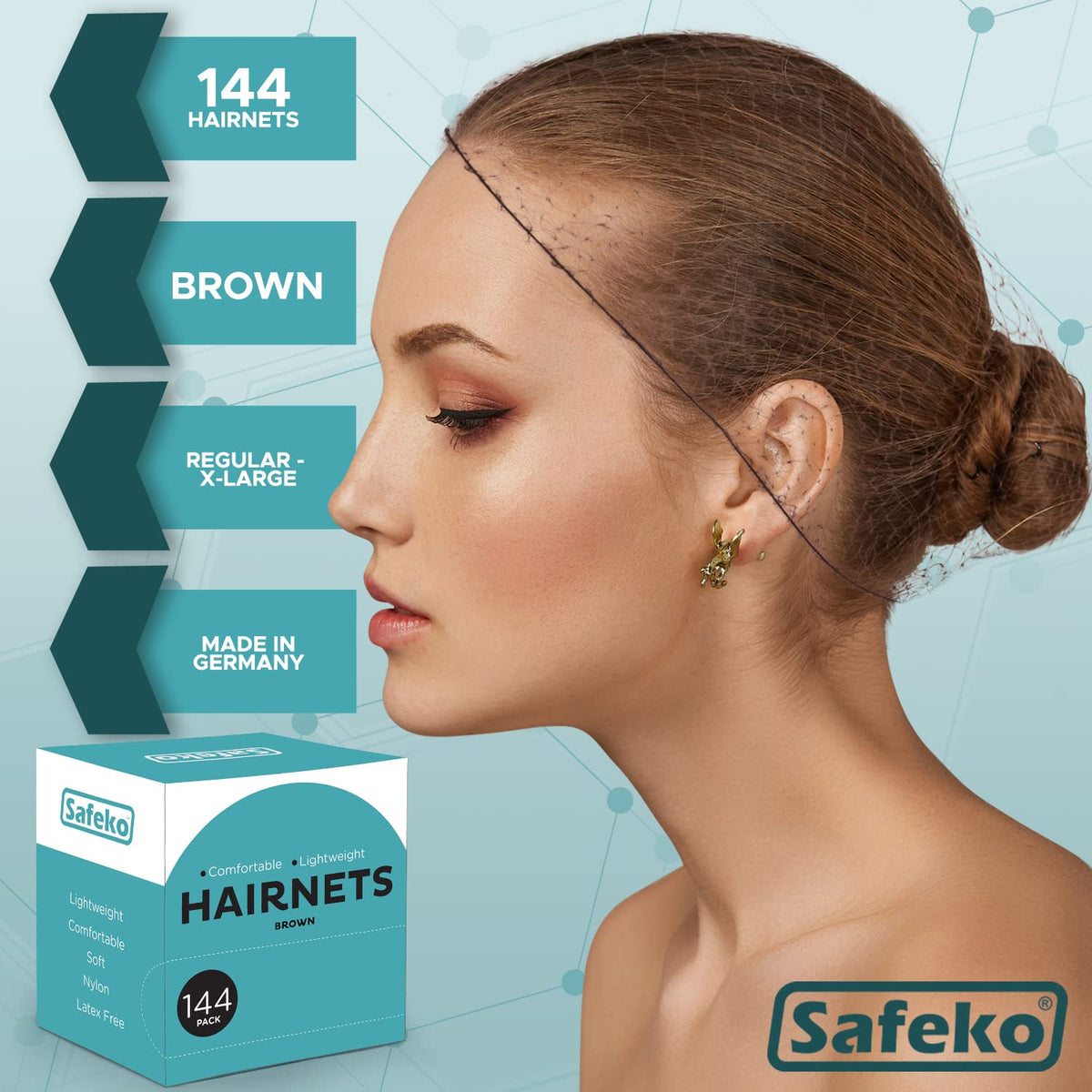 SAFEKO Hair Nets 144 PCS, Individually Wrapped, Lightweight Nylon Hairnets, Latex-Free | Dark Brown, Large (24")