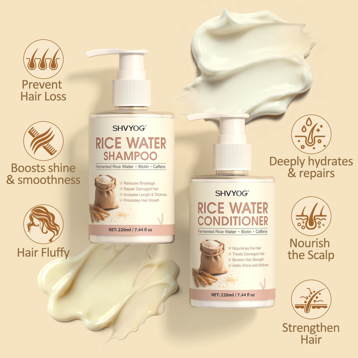 Rice Water Shampoo and Conditioner Set with Hair Growth Spray & Scalp Massager Brush, Enriched with Biotin & Caffeine, 4-in-1 Rice Water Hair Growth Beauty & Personal Care SHVYOG