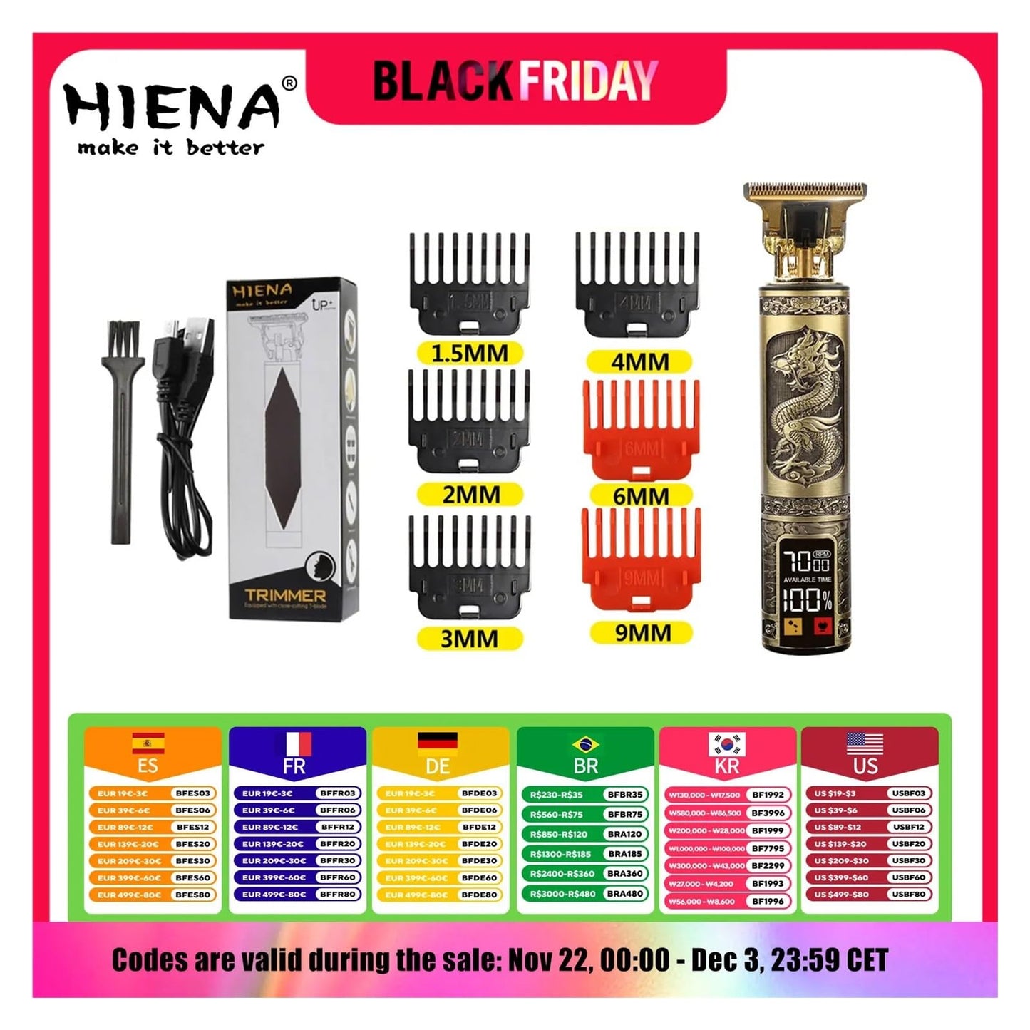 EWKYLSEM Razors USB Electric LCD Hair Clipper Trimmer All in One Gold Light Head Rechargeable Hair Clipper Oil Head Hair Carving Mark Razor Beauty and Personal Care EWKYLSEM