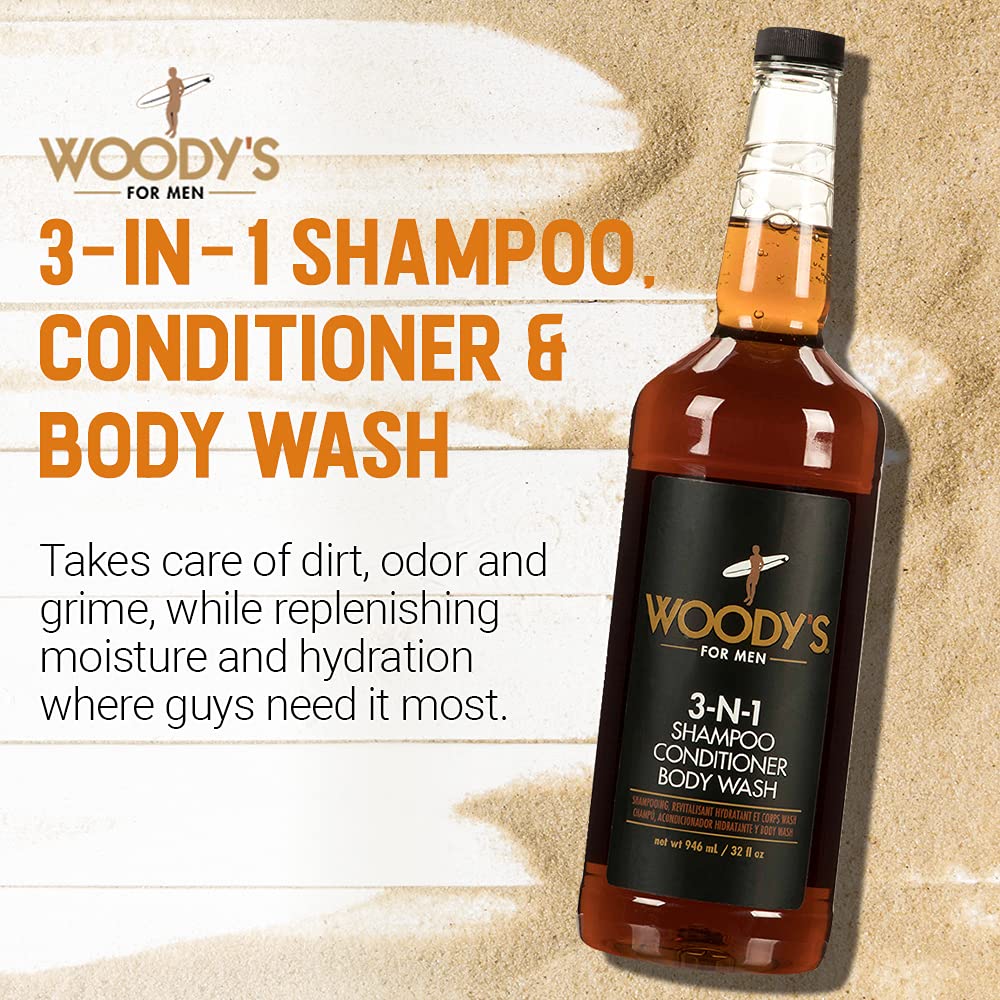 Woody's 3-in-1 Shampoo, Conditioner & Body Wash for Men - Men's All-in-One Hair & Body Cleanser with Aloe Vera, Marine Extracts & Cucumber Extract,