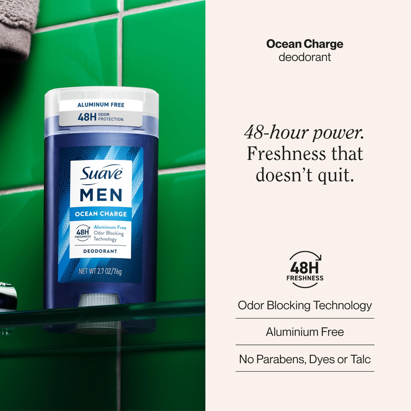 Suave Men Ocean Charge Antiperspirant Deodorant Stick, Aluminum Free, for 48hr odor & wetness protection, 2.7 oz Beauty and Personal Care Suave
