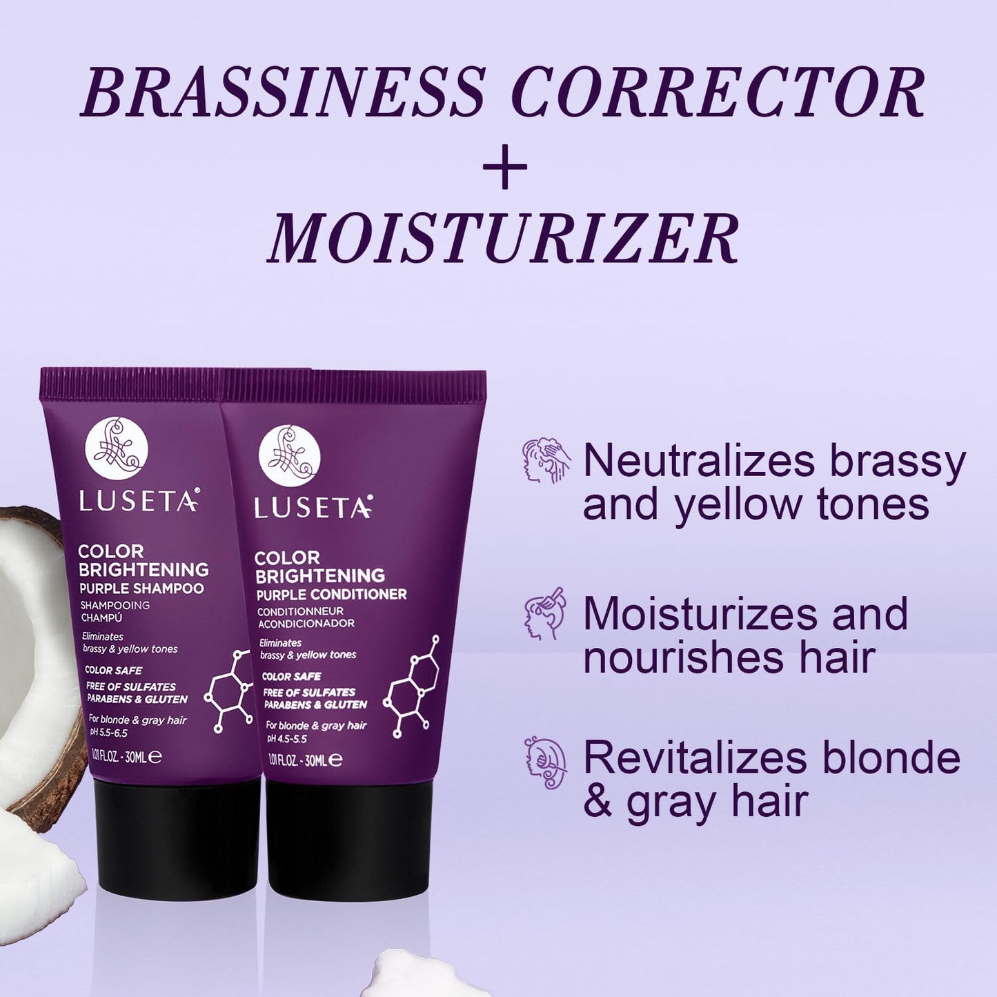 Luseta Color Brightening Purple Travel Shampoo and Conditioner Mini Kit for Blonde, Silver and Gray Hair - Brassiness Neutralizer for Highlighted Beauty & Personal Care L LUSETA