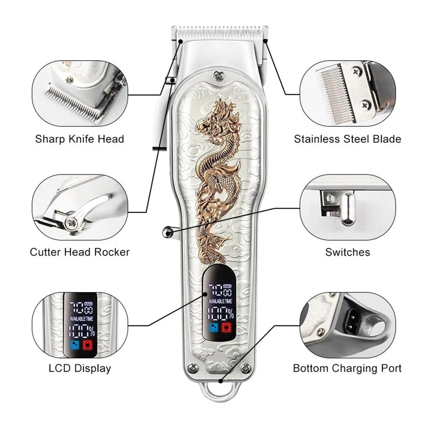 Razors Hair Clipper Cordless Professional LCD Display Shaver China Dragon Electric Trimmer for Men Haircut Machine Barbershop USB(Bronze) Beauty and Personal Care EWKYLSEM