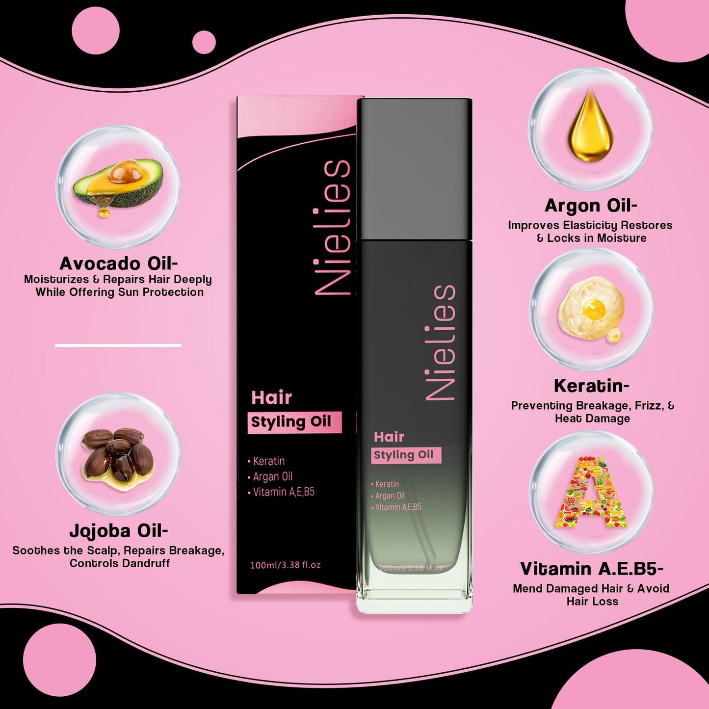 Nielies Argan Oil Hair Serum with Keratin & Biotin - Frizz Control Treatment for Dry, Curly Hair - Lightweight Smoothing & Shine Formula for Women Beauty & Personal Care Nielies