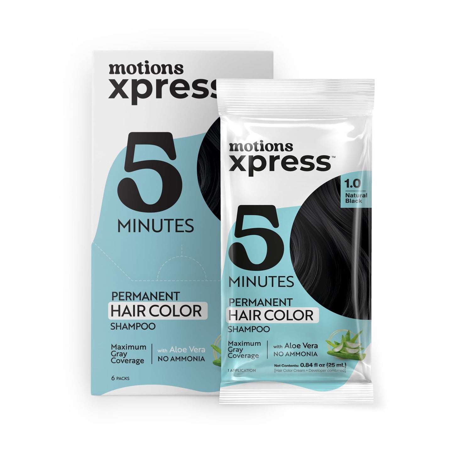 Motions Xpress Permanent Hair Color Shampoo Natural Black - 5 Minute Color, Gray Coverage, Ammonia Free, Deep Shine Hair Dye Shampoo, 0.84 Oz Beauty & Personal Care Motions