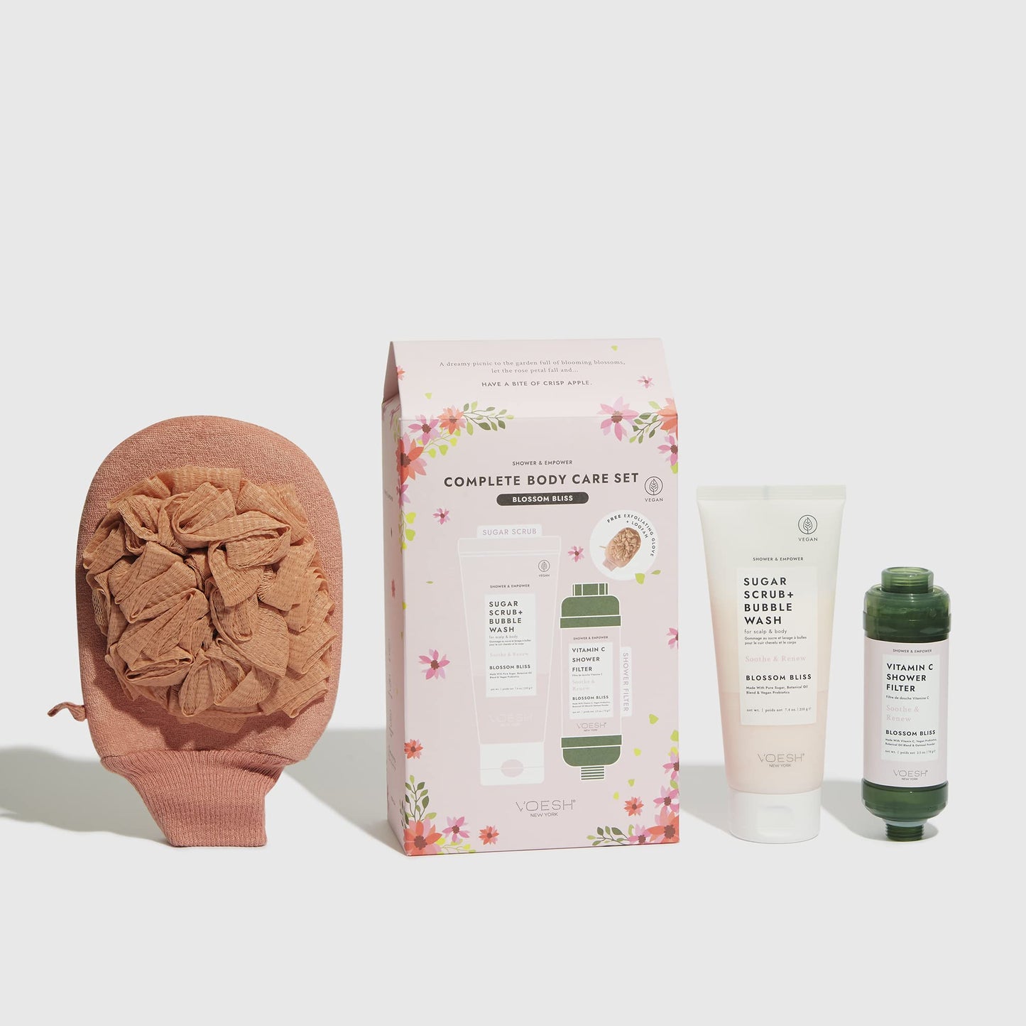 VOESH Shower & Empower Complete Body Care Set, Vitamin C Shower Filter, Exfoliating Loofah, Body Wash, Shower Care Set, Self-Care Kit, Vegan Skincare Beauty and Personal Care VOESH