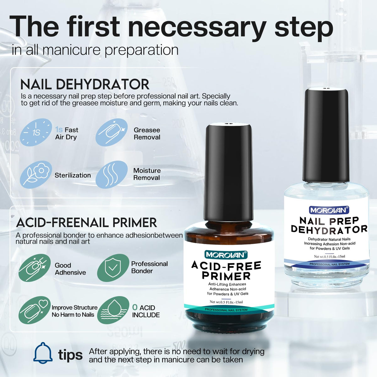 Morovan Professional Natural Nail Prep Dehydrate and Acid-Free Primer, Dehydrator for Acrylic and Gel Nail Polish, Non Acid Primer for UV Gels Fast