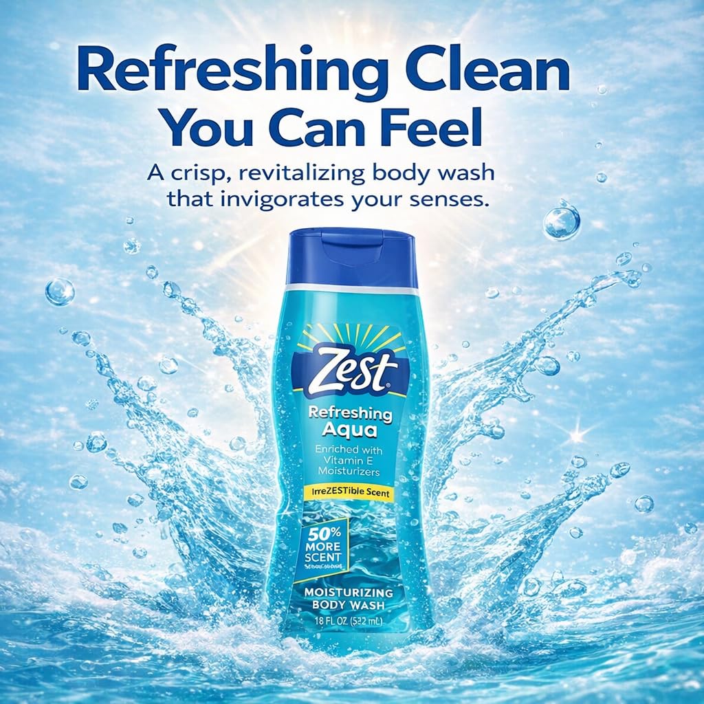 Zest Hydrating Body Wash - Aqua - Moisturizing Body Wash for Men and Women - Bath Soap with Vitamin E - Gentle Paraben Free Formula - 18 oz. Beauty & Personal Care Zest