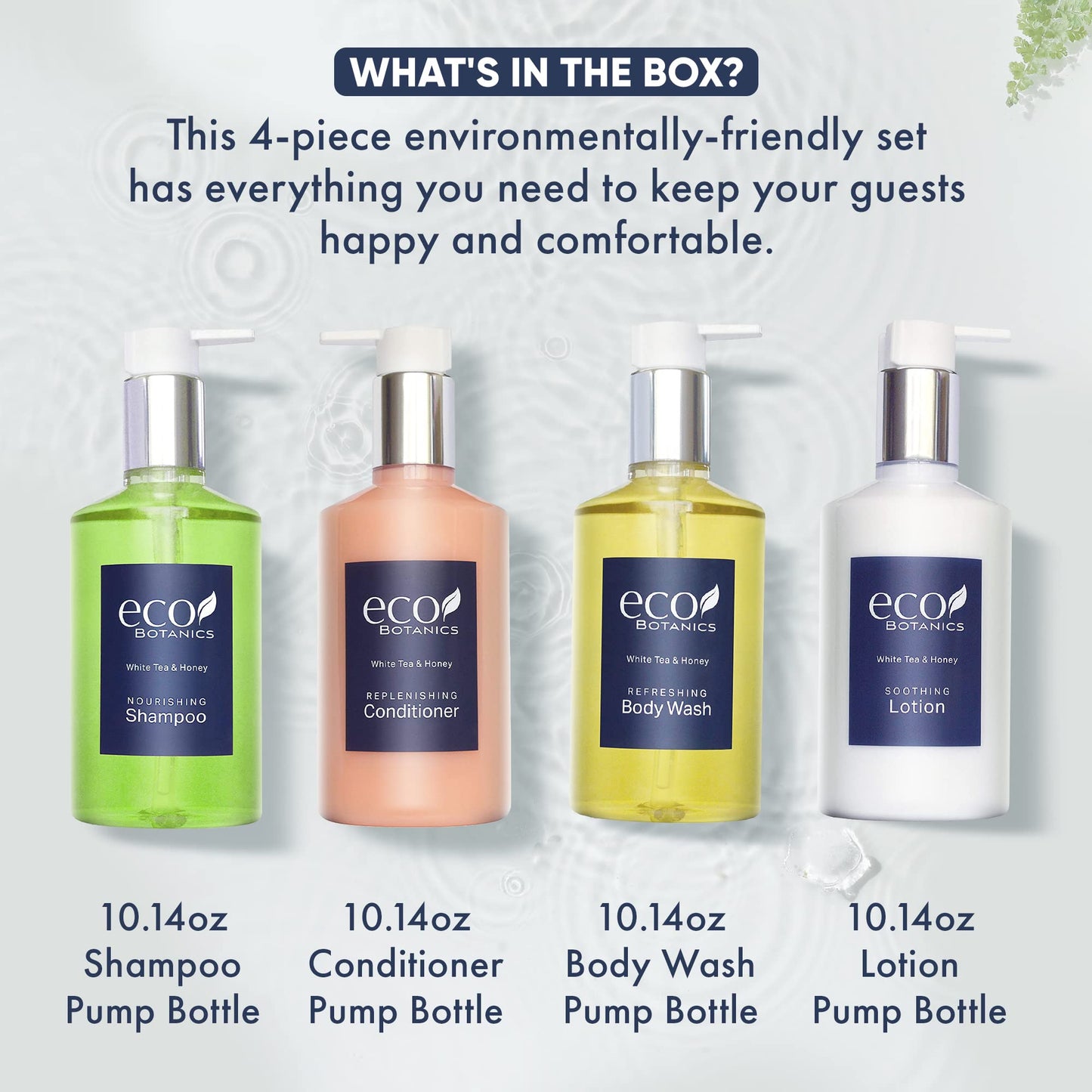Eco Botanics Hotel Amenities Set | 10.14oz Pump Bottles | Shampoo, Conditioner, Hand & Body Wash, and Lotion | Set of 4 Beauty & Personal Care Terra Pure