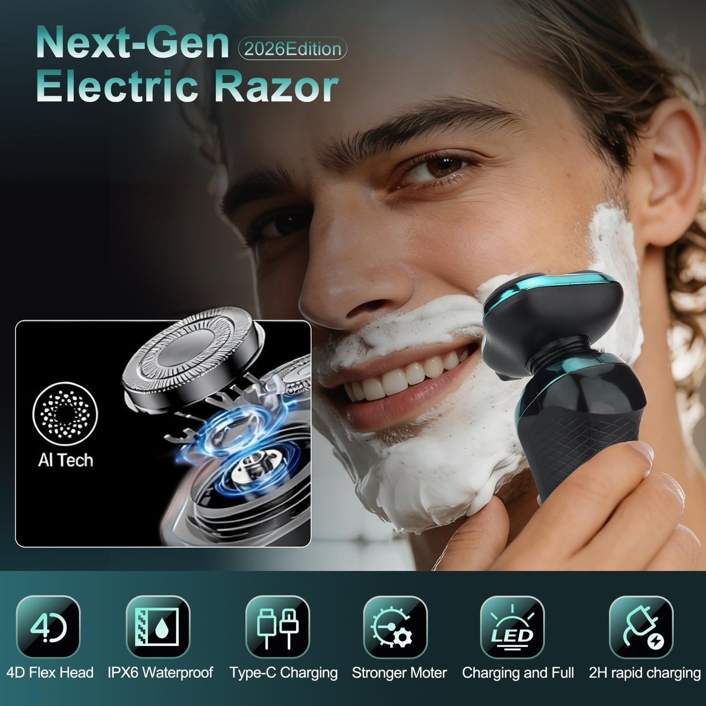 Electric Razor for Men, 4D Dual-Ring Floating Head Electric Shaver, IPX7 Waterproof Wet & Dry Shaver, USB-C Fast Charging 120Mins Long Runtime Beauty and Personal Care Handsomeface