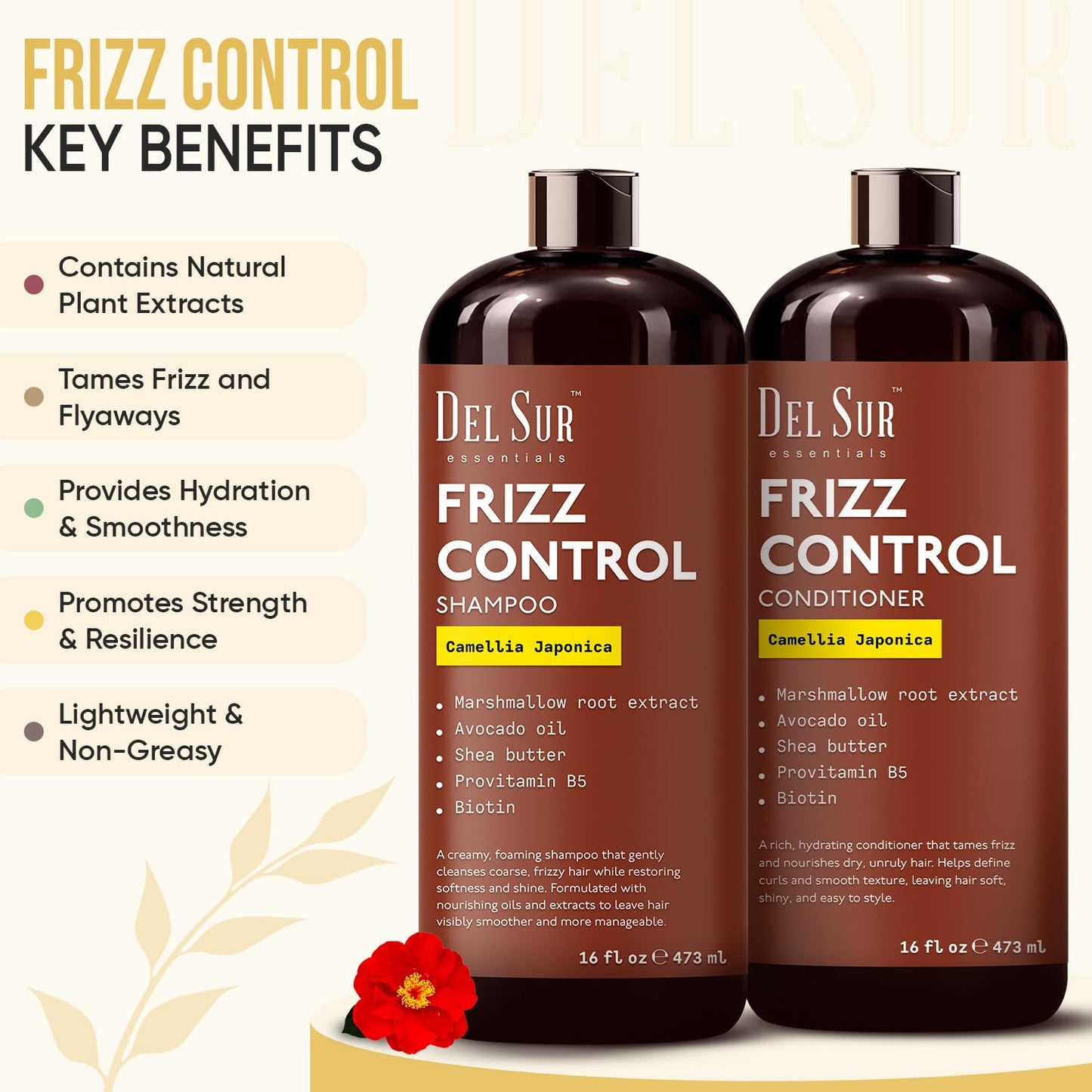DEL SUR Frizz Control Shampoo and Conditioner Set | 16 fl oz Each | with Camellia Japonica, Shea Butter & Avocado Oil | Smoothing & Anti Frizz Beauty & Personal Care DEL SUR