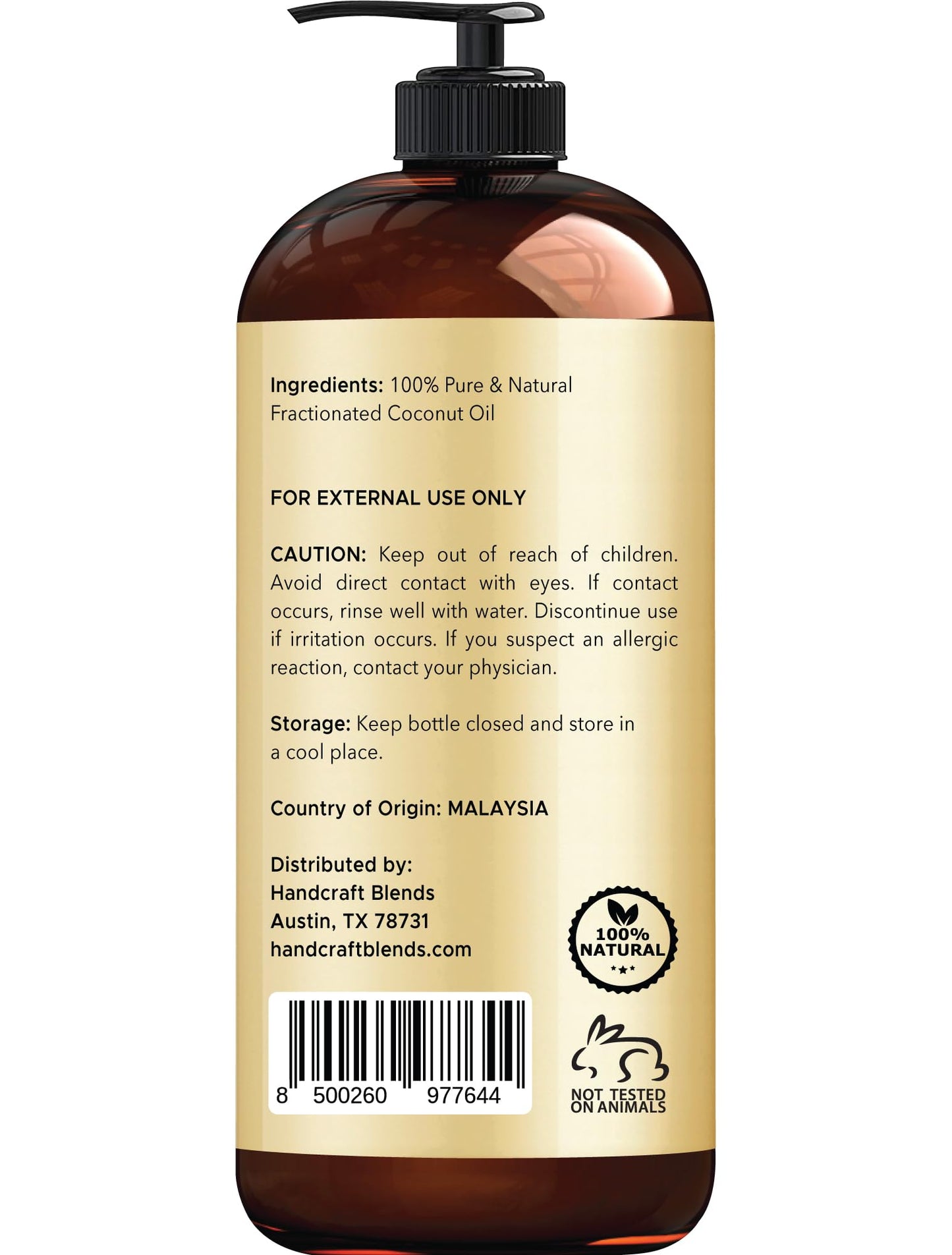 Handcraft Blends Fractionated Coconut Oil - 16 Fl Oz - 100% Pure and Natural - Premium Grade Carrier Oil for Skin, Hair and Body - Massage - Hair Beauty and Personal Care Handcraft Blends