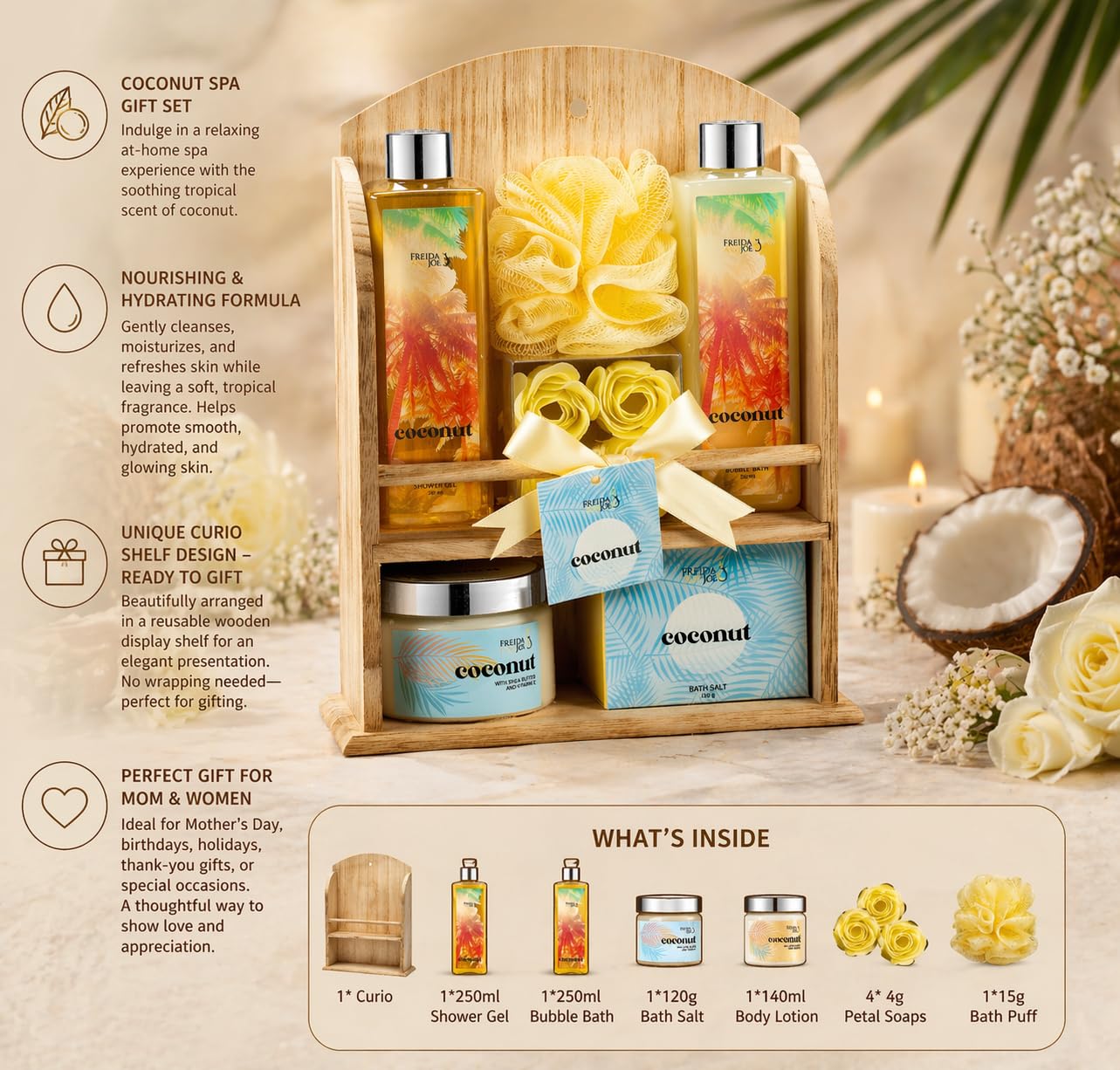Coconut Spa Gift Basket for Women - Luxury Bath & Body Gift Set with Shower Gel, Bubble Bath, Body Lotion, Bath Salts & Rose Soaps - Mother’s Day Self Beauty and Personal Care Freida and Joe