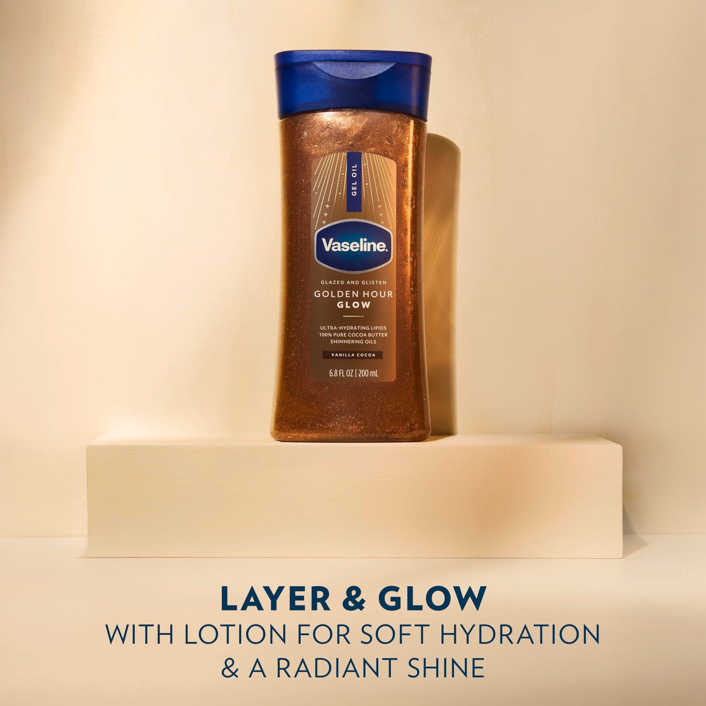 Vaseline Glazed and Glisten Golden Hour Body Gel Oil Glow Vanilla Cocoa Shimmering with Ultra-Hydrating Lipids and 100% Pure Cocoa Butter, 6.8 Oz Beauty & Personal Care Vaseline