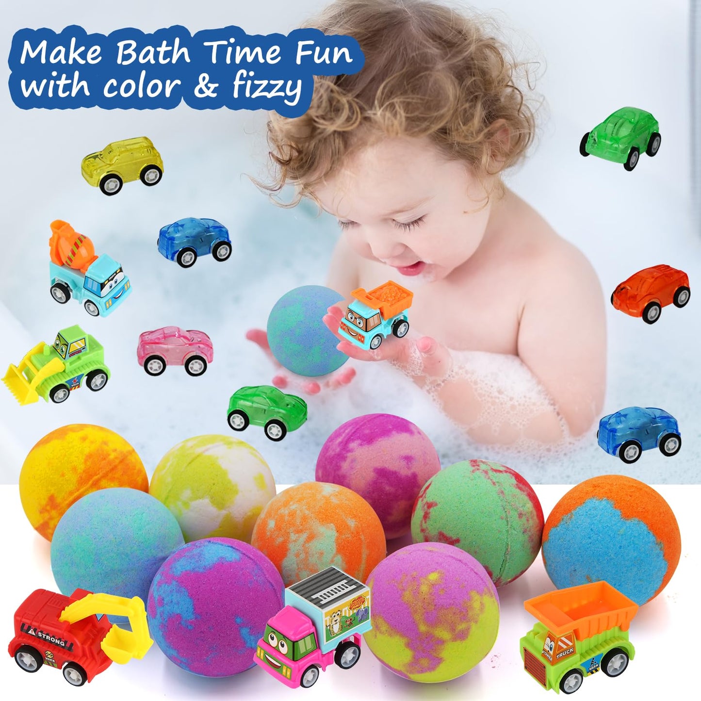 Bath Bombs for Kids with Toys Inside, 9 Pack Handmde Bath Bombs Set with Pull-Back Cars Inside, Rich Foam Color Bubble Set Boys Girls for Skin Beauty and Personal Care Excalla
