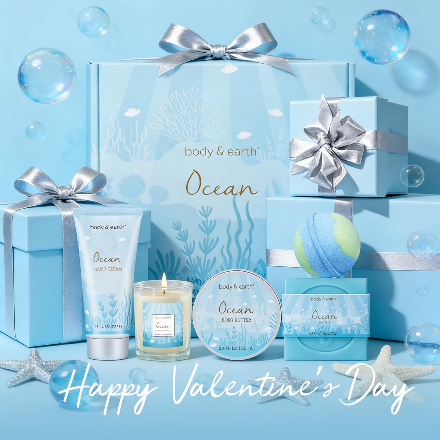 Gifts for Women, Bath and Body Womens Gift Sets with 5 Pcs Ocean Scented Spa Gifts for Women Bath Gift with Scented Candle Body Butter Hand Cream Bath Beauty & Personal Care BODY & EARTH