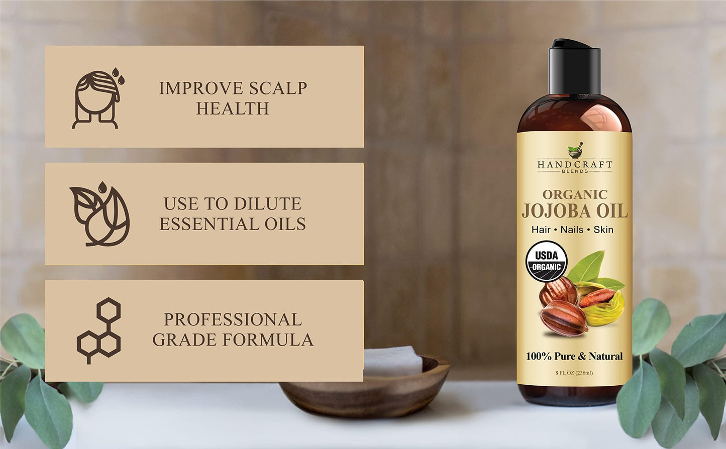 Handcraft Blends USDA Organic Jojoba Oil | Cold-Pressed | 8 Fl Oz | 100% Pure & Natural | for Hair, Skin & Face | Premium Grade Carrier Oil | Beauty & Personal Care Handcraft Blends