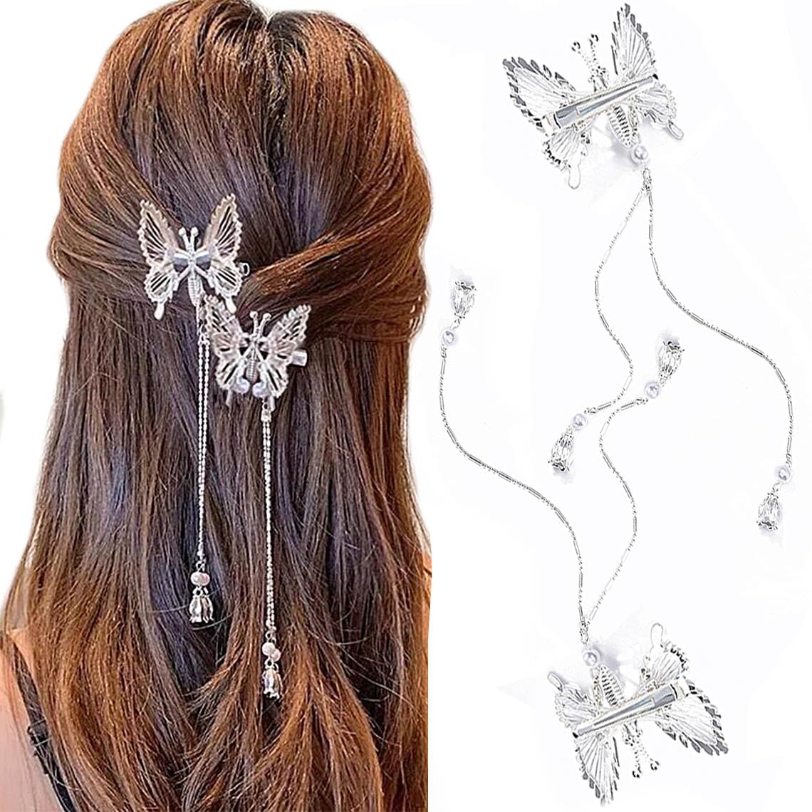 Bartosi Butterfly Clips Hair Silver Hair Barrettes Fluttering Tassel Hair Accessories Set for Women and Girls (Pack of 2) Beauty & Personal Care BARTOSI
