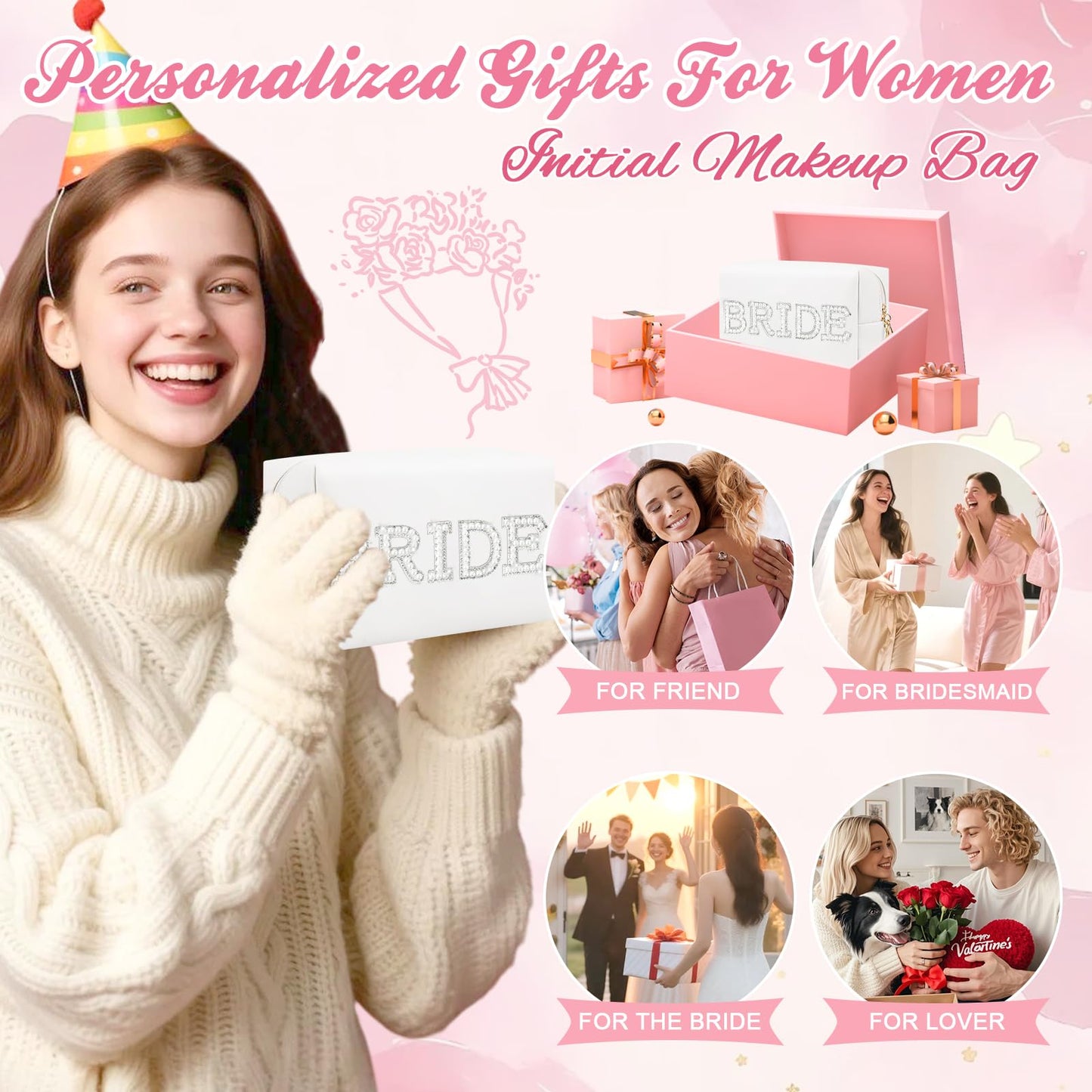 ChaoGreat Bride Gifts - Personalized Makeup Bag with Pearl Rhinestone Patch, Preppy White Monogram Cosmetic/Toiletry Pouch, bridesmaid Gifts, Bridal Beauty and Personal Care ChaoGreat