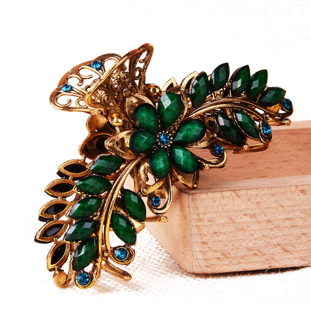 Large Metal Rhinestone Alloy Hair Claw Jaw Clip Retro Flowers Hair Clip Fancy Hair Barrette Clamp for Women and Girls Thick Hair (Green) Beauty & Personal Care Suoirblss