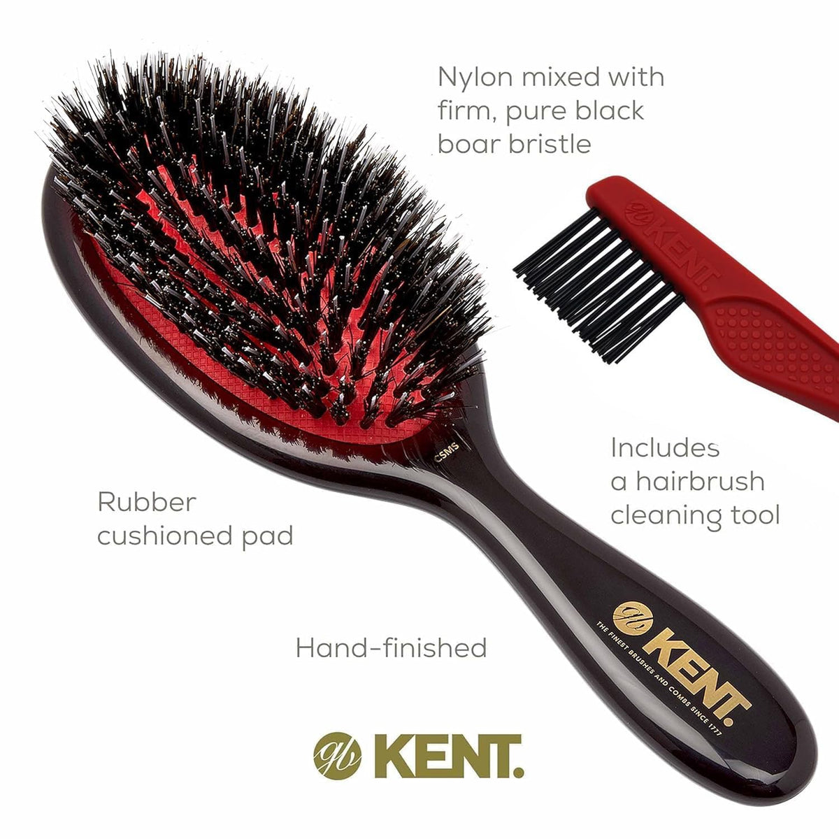 Kent CSMS 7.25" Classic Shine Small Oval Cushion Straightening Brush - Natural Black Boar Bristle Hair Brush with Nylon Quills - Shine Hair Brush and