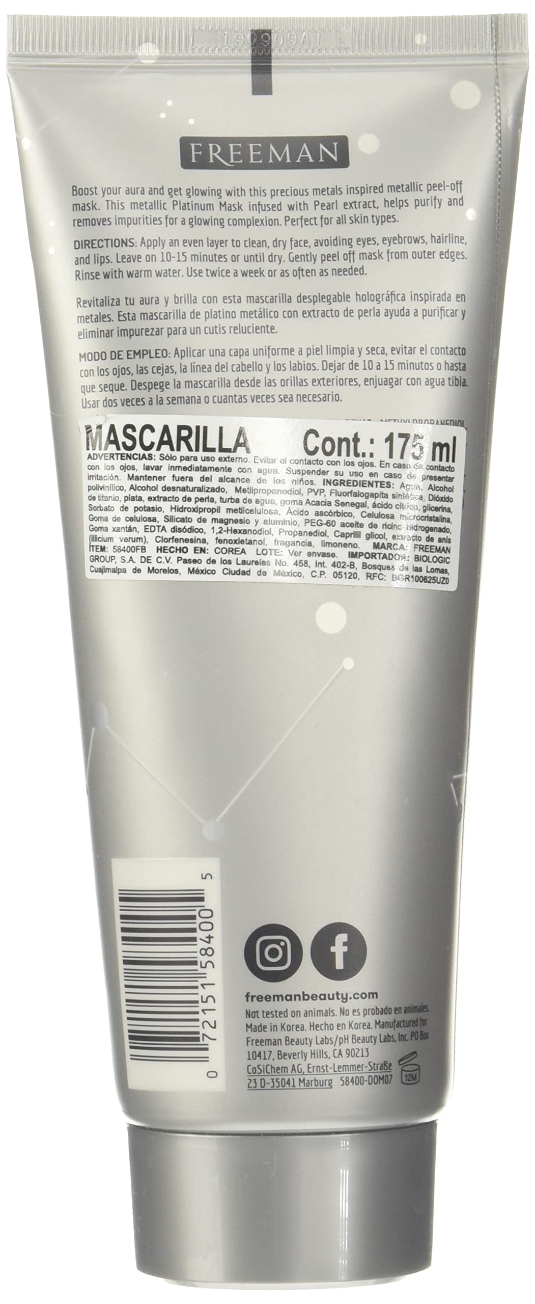 Cosmic Metallic Peel-Off Mask - Purifying Platinum by Freeman for Women - 6 oz Mask Beauty & Personal Care Freeman