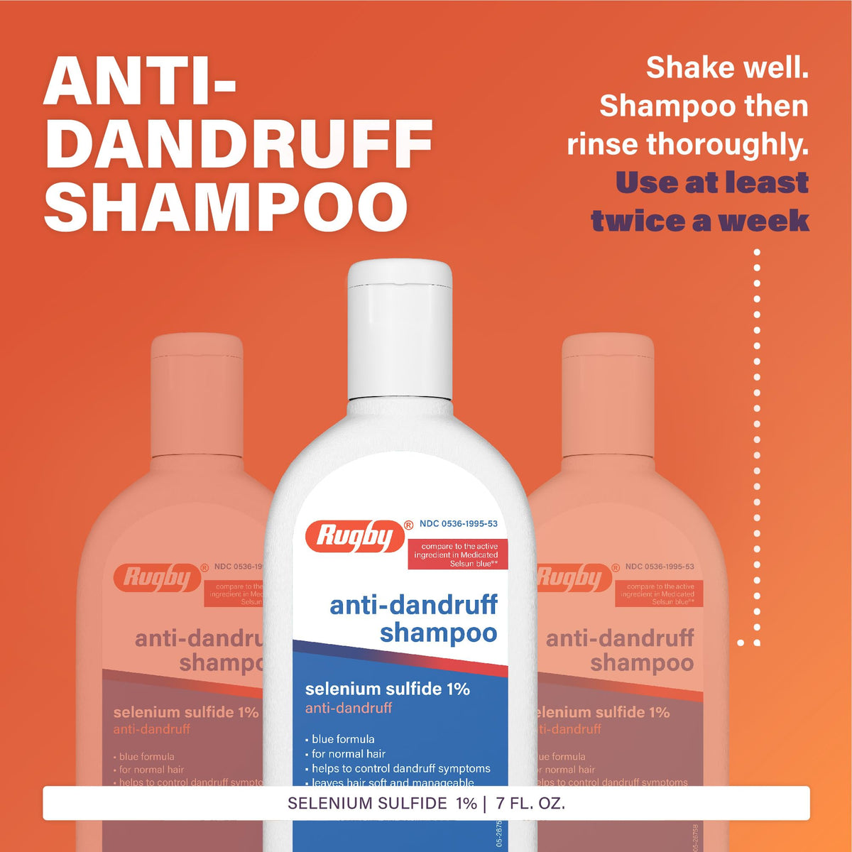 Rugby Selenium Sulfide Anti-Dandruff Shampoo - Blue Formula for Normal Hair - 7 Oz (3-Pack)