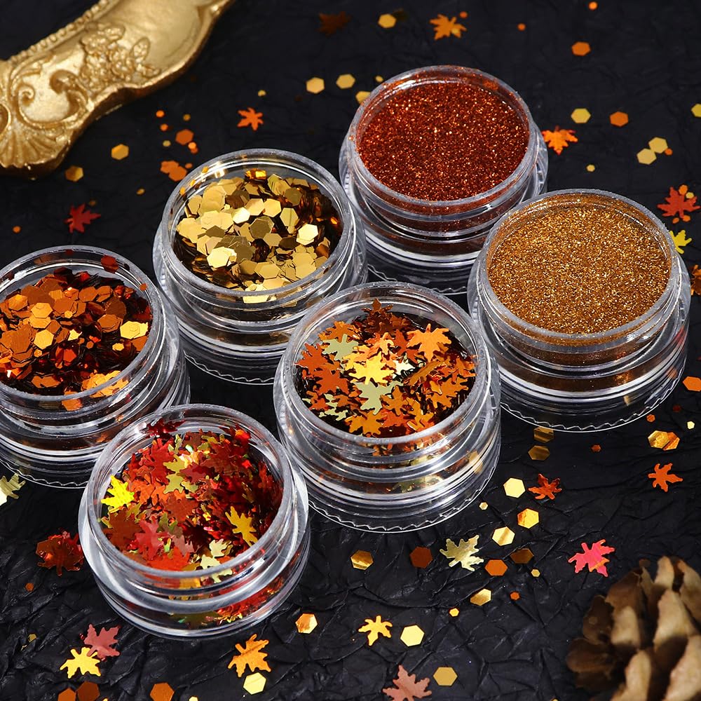 Fall Nail Art, 6 Boxes Fall Leaves Nail Glitters 3D Gold Maple Leaf Nail Sequins with Glitter Powder Gold Yellow Red Autumn Leaves Nail Art Flakes Beauty & Personal Care Qdsuh