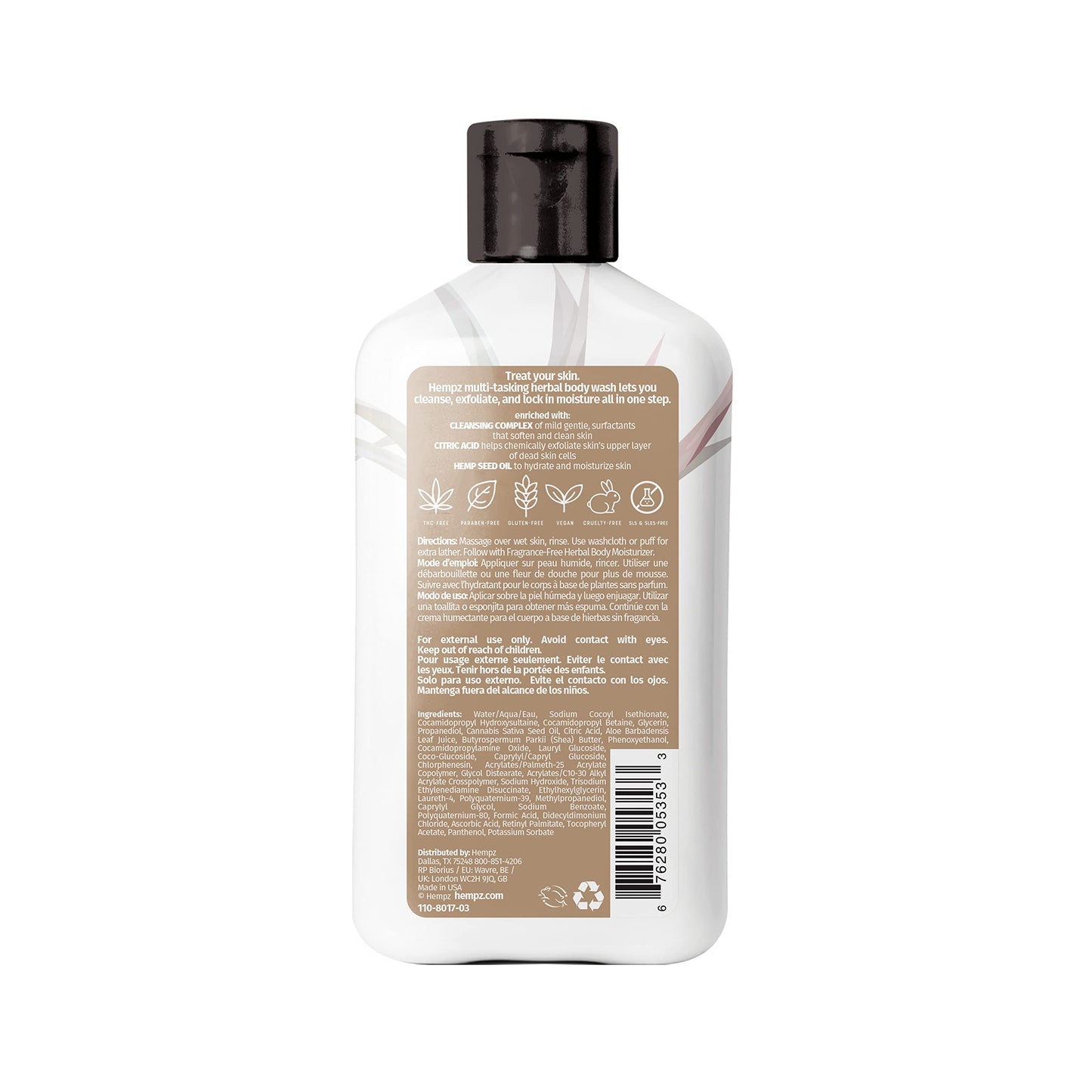 Hempz Body Wash - Fragrance Free - Hydrating for Sensitive Skin, Scented, Exfoliating with Shea Butter, Pure Hemp Seed Oil, and Algae for Sensitive Beauty & Personal Care Hempz