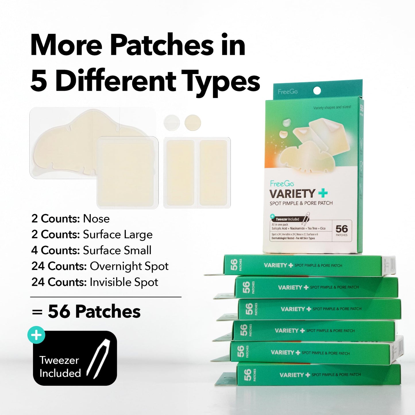 FreeGo Variety+ Hydrocolloid Spot Pimple & Pore Patches for Face, Large Patches for Breakouts, Zit, Blemish Spot, Facial Stickers, Korean Pimple Beauty & Personal Care FreeGo