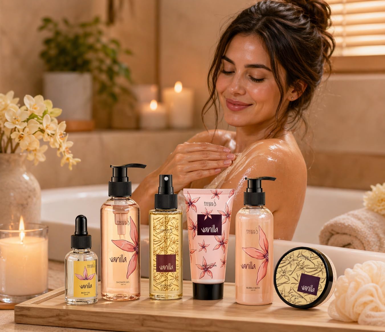 Vanilla Spa Gift Basket for Women - Mother’s Day Bath & Body Gift Set with Shower Gel, Bubble Bath, Body Lotion, Body Mist, Body Oil & Candle - Self Beauty and Personal Care Freida and Joe