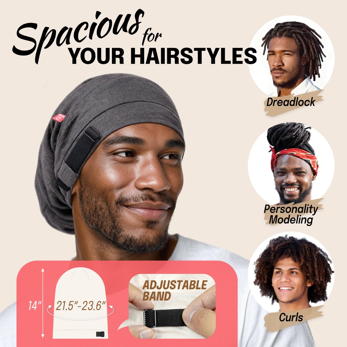 Large Satin Bonnet for Men Sleeping: Loc Cap Dreadlocks for Curly Braids Wave, Silky for Frizzy Hair Smooth, Adjustable No Slip Grey Beauty and Personal Care Fittia