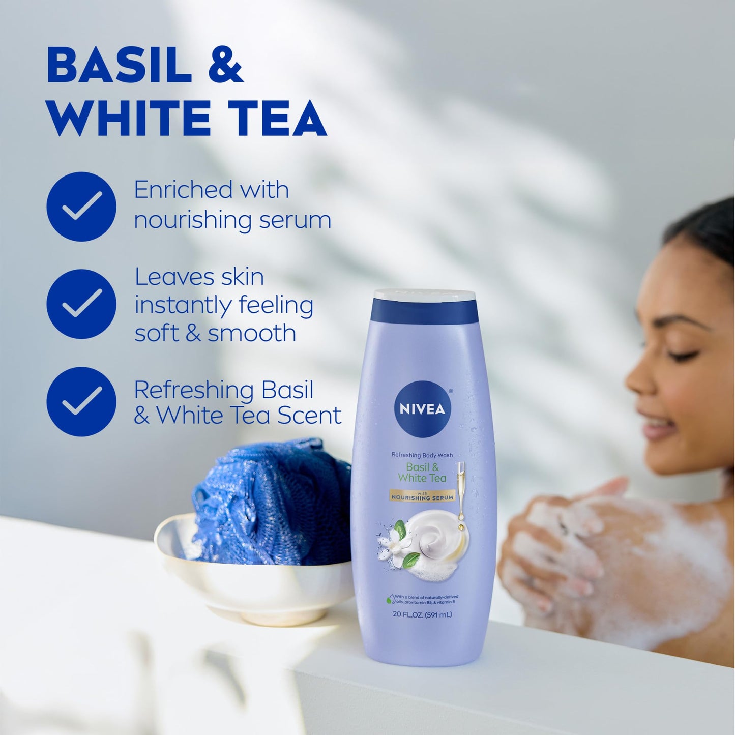 NIVEA Refreshing Basil and White Tea Body Wash with Nourishing Serum, Scented Body Wash for Women, Enriched with Provitamin B5 and Vitamin E, 20 Fl Oz Beauty & Personal Care NIVEA