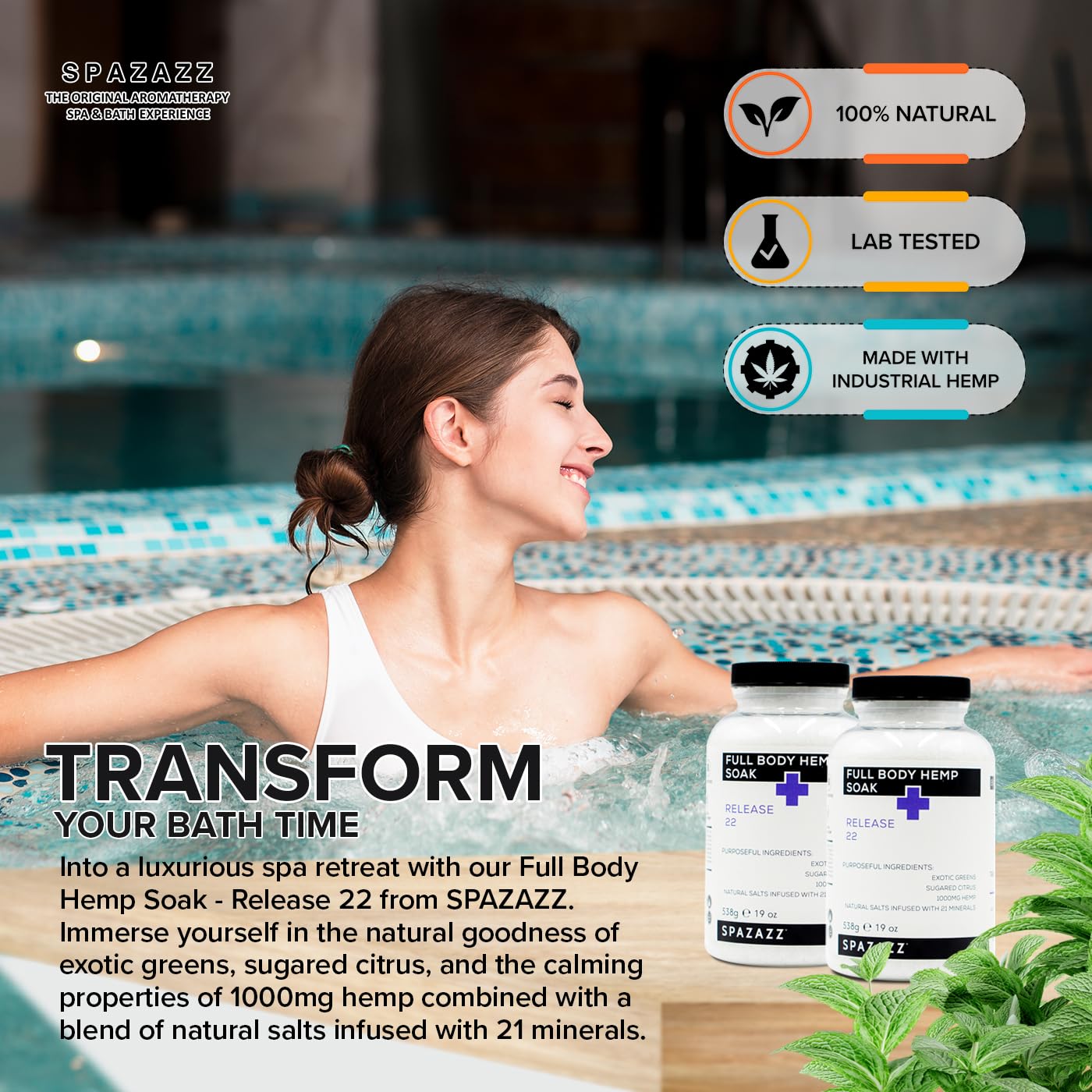 Spazazz Full Body Hemp Soak - 1000mg Hemp - Spa Hot Tub & Bath Aromatherapy Bath Salt Crystals - 538g/19oz (Release 22) Beauty and Personal Care Spazazz
