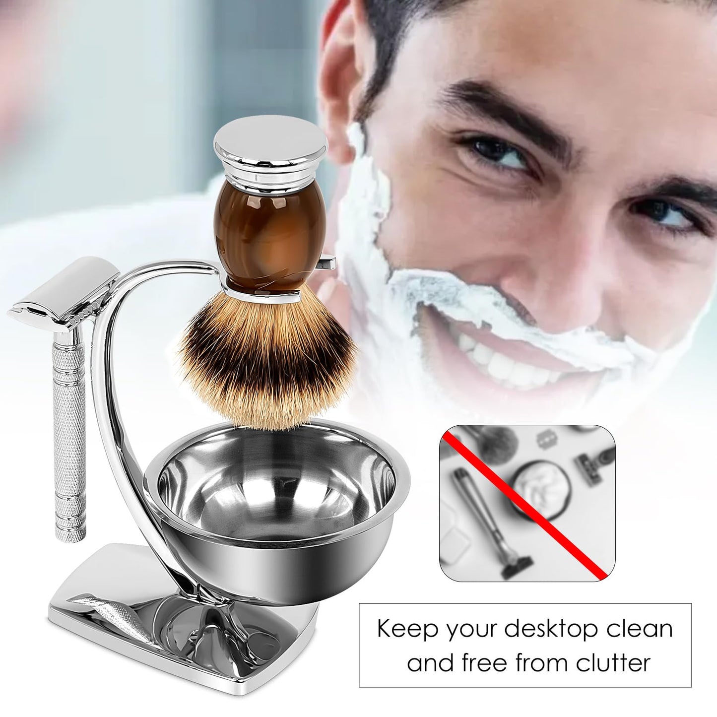 Linkidea Universal Safety Razor Brush Stand with Shaving Bowl, Men's Stainless Steel Grooming Holder and Soap Bowl for Bathroom, Compatible Beauty and Personal Care Linkidea